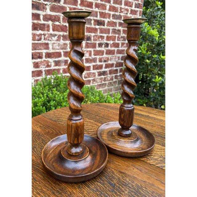 Antique English Barley Twist Candlesticks Candle Holders Oak Pair 12.5