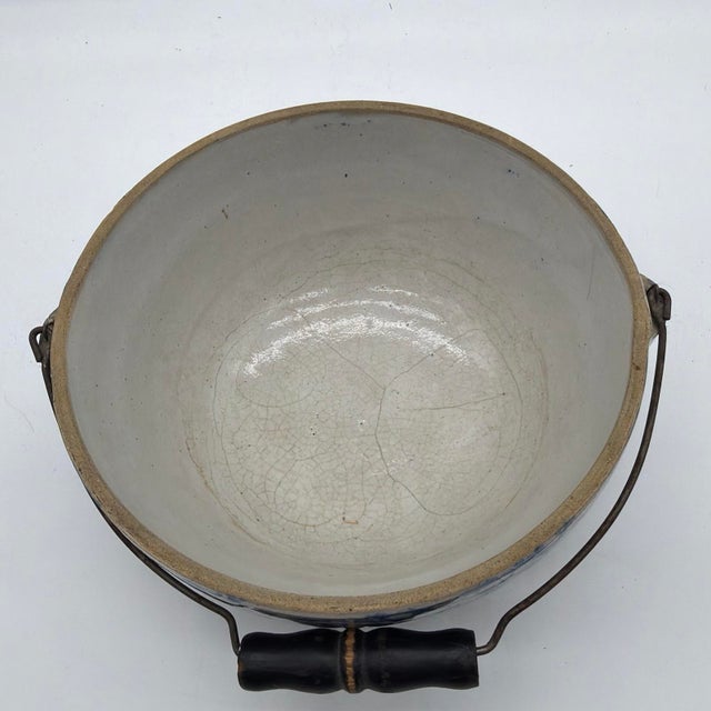 19th C. Antique Blue Spongeware Stoneware Bowl w/ Wire Bale Wooden Handle Description An authentic late 19th-century...