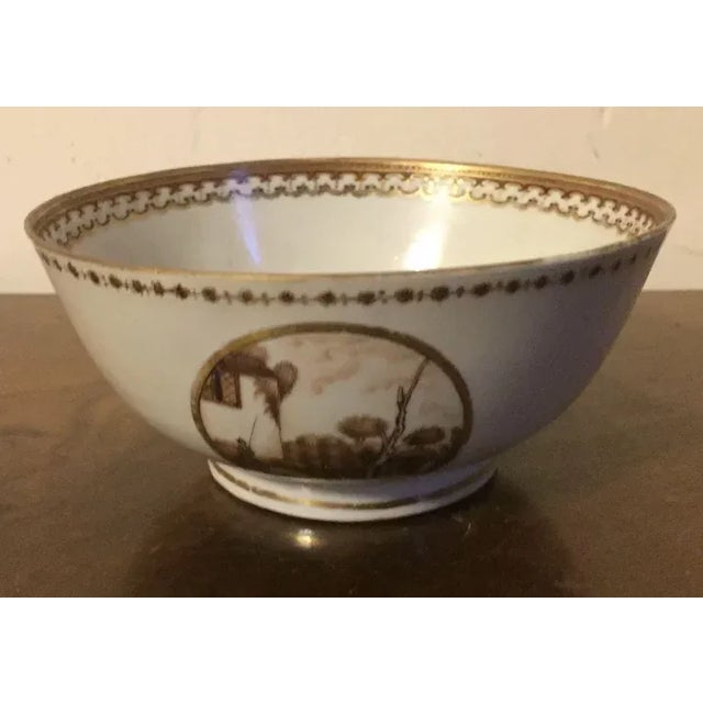 Ceramic Antique Early 19th Century Chinese Export Porcelain Bowl Decorated with Sepia Landscape For Sale - Image 7 of 11
