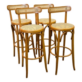 Vintage Italian Bentwood and Cane Bar Stools, 1970s, Set of 4 For Sale