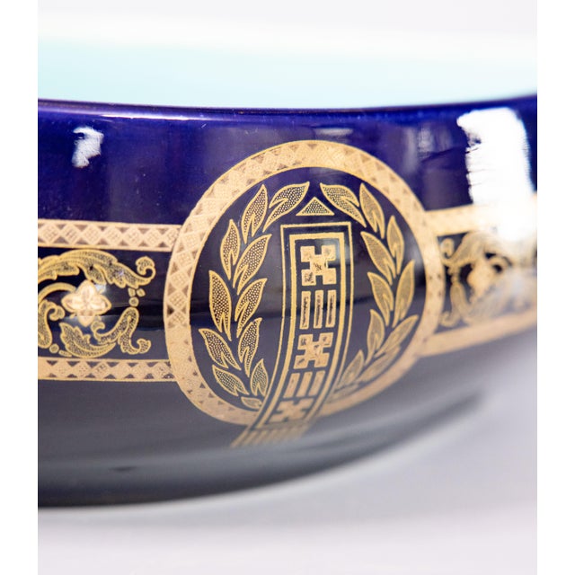 Antique Neoclassical French Sarreguemines Majolica Cobalt Blue & Gilt Oval Centerpiece Bowl For Sale In Houston - Image 6 of 10