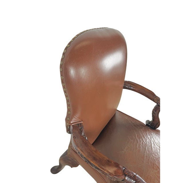 Vintage Maitland-Smith Carved Wood & Brown Leather Armchair For Sale - Image 18 of 18