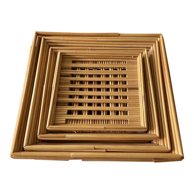 1970s Bamboo Square Stacking Baskets - Set of 4 For Sale