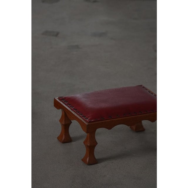 Mid-Century Danish Carved Oak Ottoman with Red Leather Seat, 1950s For Sale - Image 6 of 16