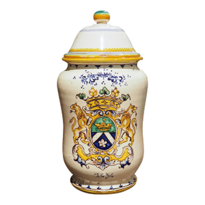 Antique Lidded Italian Apothecary Jar With Rampant Lions Coat of Arms, 19th C.