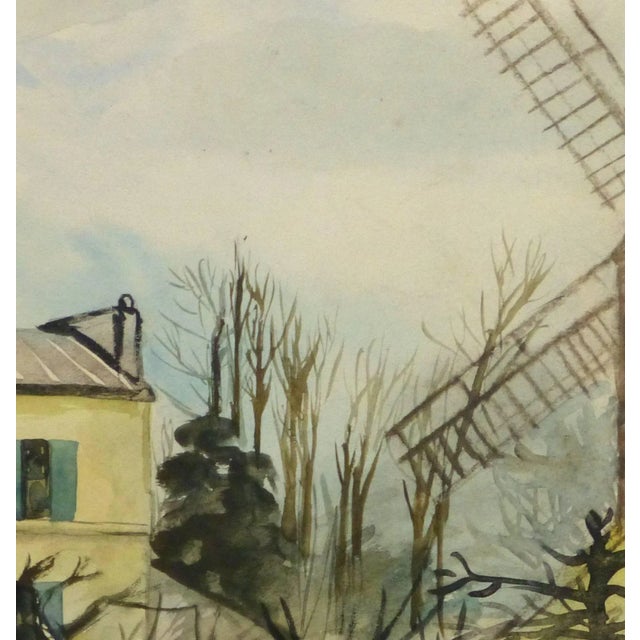 Evocative watercolor landscape painting of the Moulin de la Galette, a landmark windmill in the Montmartre neighborhood on...