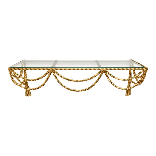 Vintage Solid Brass Tassel Wall Shelf With Glass Top For Sale