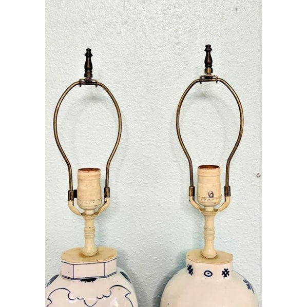 1990s Vintage Mid-Century Modern Delft Style Blue Table Lamps - a Pair For Sale - Image 5 of 6