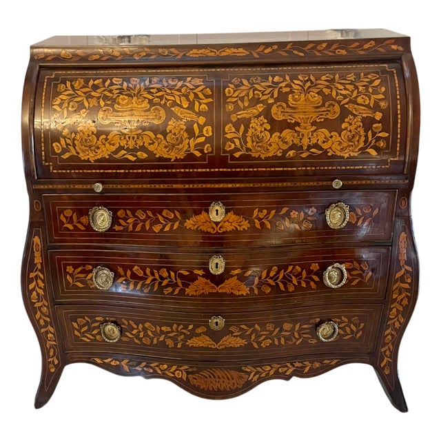 Antique Mahogany Floral Marquetry Inlaid Cylinder Bureau, 1780s For Sale