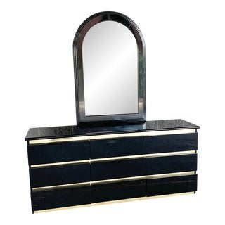 Vintage Italian Lacquer and Brass Nine Dresser With Mirror For Sale