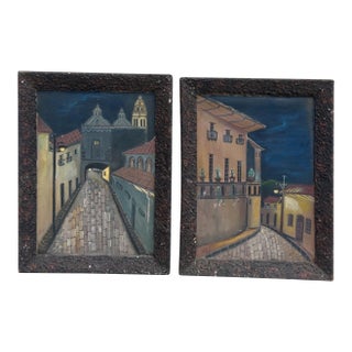 Vintage Folk Art European Night Street Scene Oil Paintings, Set of 2 For Sale