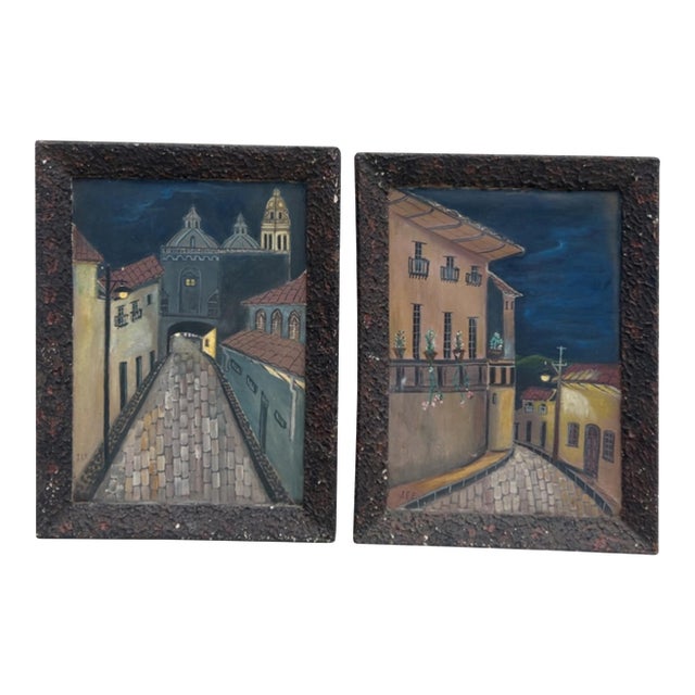 Vintage Folk Art European Night Street Scene Oil Paintings, Set of 2 For Sale