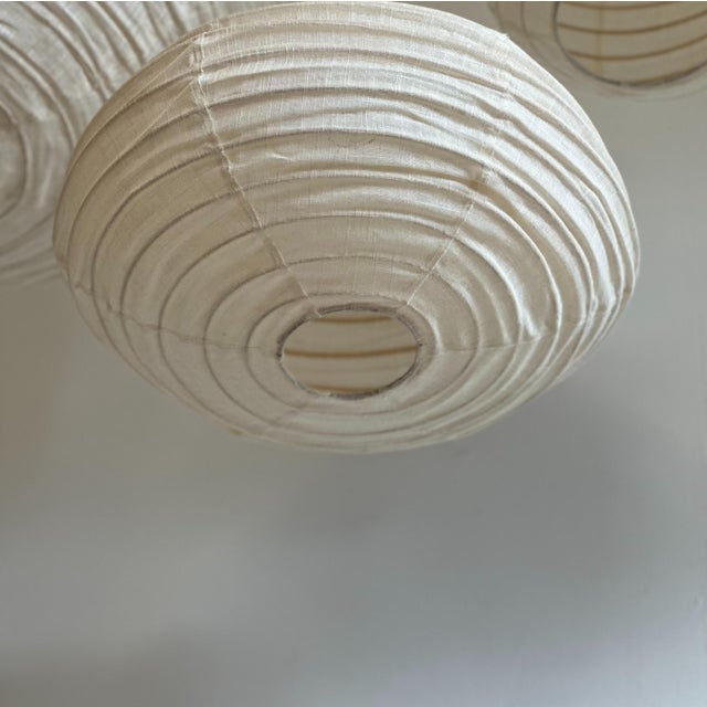 Oval Flattened Pendant Light in Rattan and Natural Linen, 1980s For Sale - Image 3 of 8