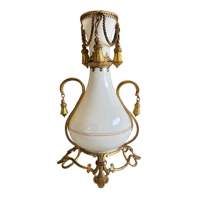 Antique French White Opaline Vase With Bronze Tassel Mounts, Baccarat Label For Sale