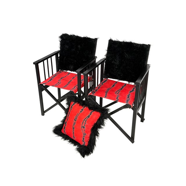 Vintage 1980s Pair of (2) Danish Folding Armchairs / Directors Chairs Set by Hyllinge Møbler - Red Flame Velvet & Black Faux Fur Upholstery For Sale In Philadelphia - Image 6 of 18