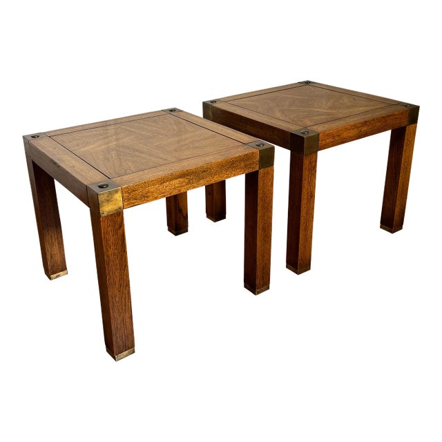 Campaign Style Parquet Solid Wood & Brass Side Tables, a Pair For Sale