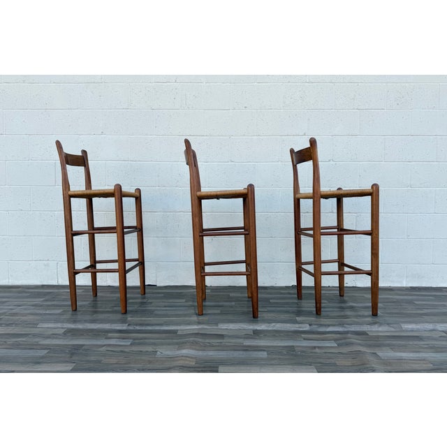 1970s Set of 3 Danish Modern Style Oak Bar Stools With Rush Seats | Mid-Century For Sale - Image 13 of 18