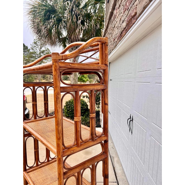 1970s Bamboo and Rattan Freestanding Four Shelf Bookcase, Vintage Palm Beach Regency Style For Sale In Charleston - Image 6 of 11
