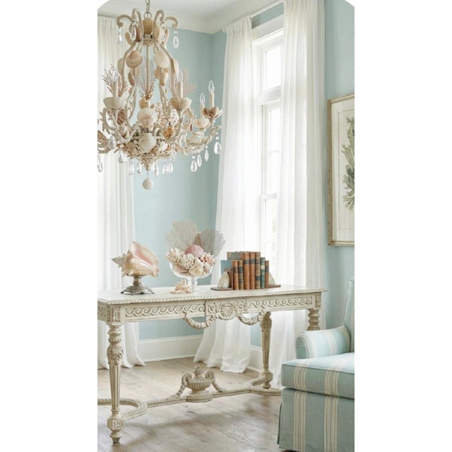 Wood Vintage Off White Carved Urn Rose Louis Xvi, French Style Coastal Large Console Table For Sale - Image 7 of 12