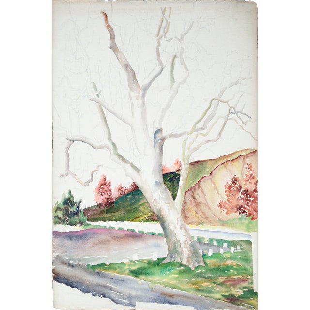 875 Joseph Yeager "Hillside Trees" Realism Landscape Watercolor on PaperCirca 1940s-1950s For Sale