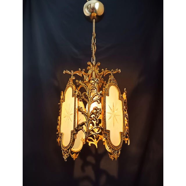 Vintage Brass Chandelier Pendant Light French Style Floral Glass Ceiling Fixture For Sale - Image 12 of 12
