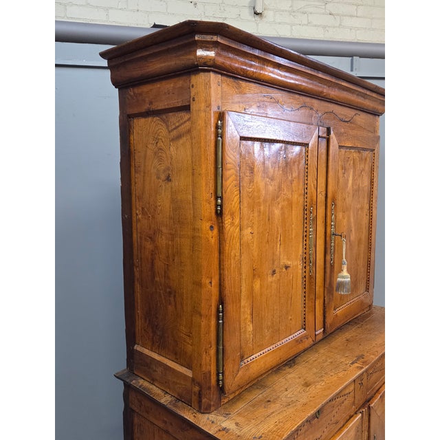 Antique French Elm Deux Corps Buffet Cabinet With Inlay and Fitted Interior For Sale - Image 17 of 18