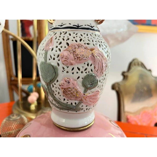 Pierced Porcelain Lotus Lamp & Shade For Sale - Image 9 of 15