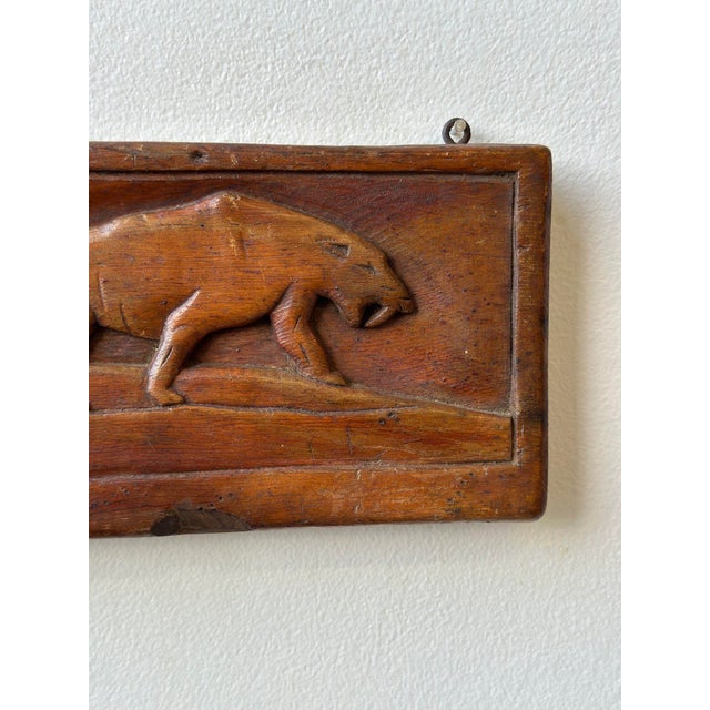 Vintage Saber Tooth Tiger Carved Pine Bas Relief Panel, Circa 1930s For Sale - Image 4 of 10