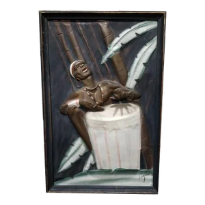 Mid Century Cooper Embossed Bongo Player Wood Framed by c.i.e. Pearson