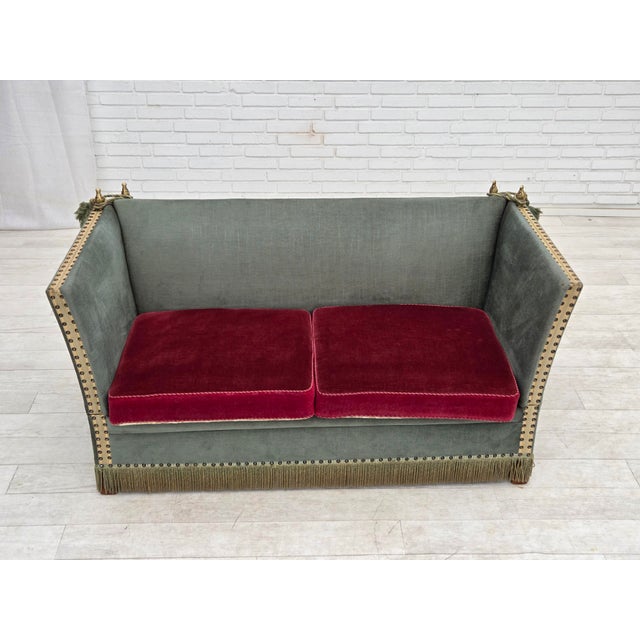 1970s Danish 2-Seater Drop Arm Spanish Sofa in Green and Red Velour, 1970s For Sale - Image 5 of 18