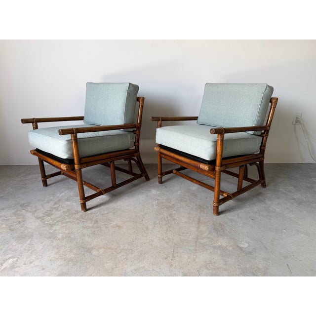 Coastal Vintage Rattan Bamboo Lounge Chairs With Cushions – A Pair For Sale - Image 3 of 18