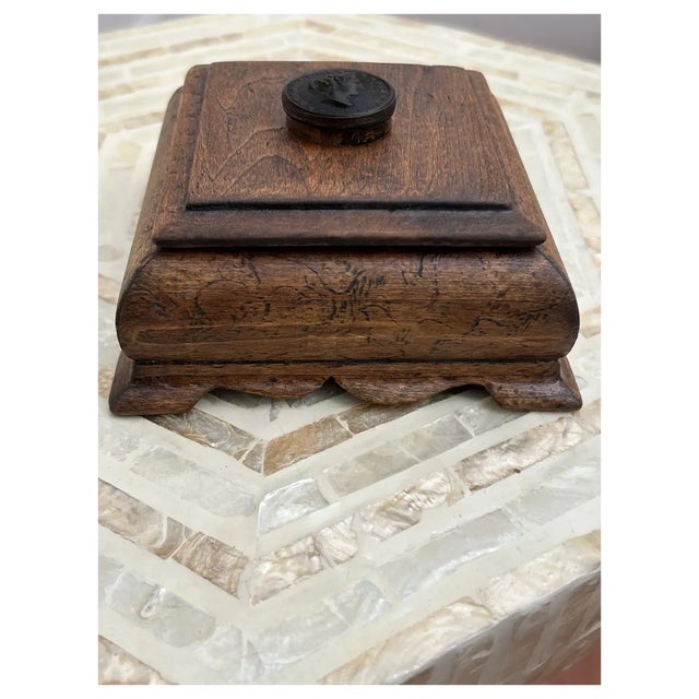 The lovely box was hand carved in the Antebellum period at the same time the pressed horn cameo button was. Both are in...