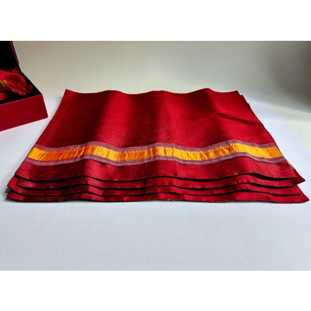 Late 20th C. Boxed Set of 4 Walai Crimson & Orange Stripe Silk Placemats & Napkins For Sale In New York - Image 6 of 18