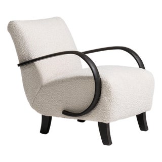 20th Century Czech Republic Warm Ivory Boucle Bentwood-Arm Lounge Chair For Sale