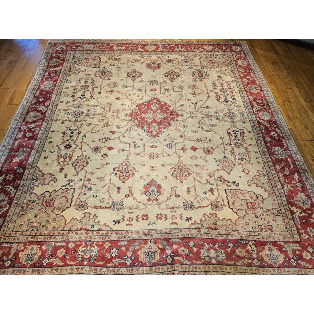 Antique Turkish Oushak Rug, Hand-Knotted Wool, Allover Geometric Pattern, Tan & Red, 14' X 15' For Sale - Image 10 of 18