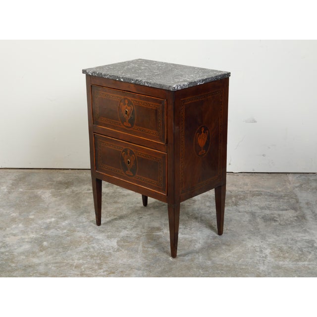 Petite Italian 18th Century Neoclassical Commode with Marble Top and Marquetry For Sale In Atlanta - Image 6 of 12