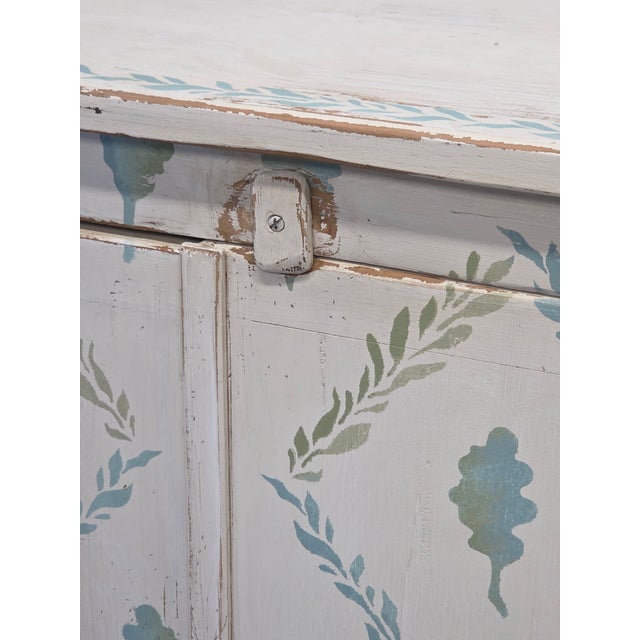 Early 20th Century Antique Rustic Pine Two Door Cabinet With Distress Painted and Stenciled Surface For Sale - Image 5 of 18
