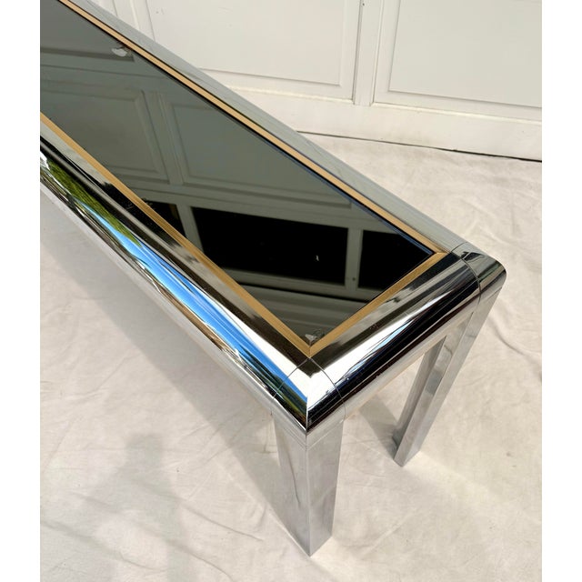 Chrome 1970's Chrome and Brass Console With Mirrored Top Attributed to Paul Evans For Sale - Image 8 of 12