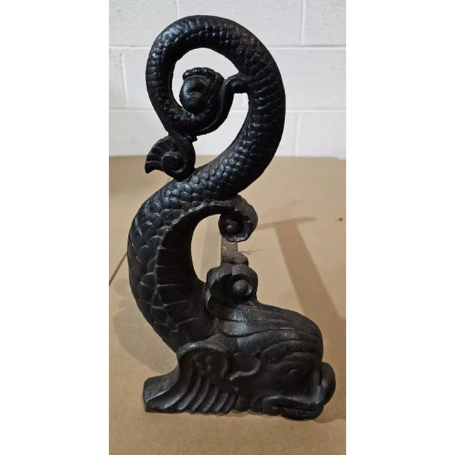 Metal Pair of Early 20th Century Black Cast Iron Dolphin Brass Fireplace Andirons With Log Holders For Sale - Image 7 of 7