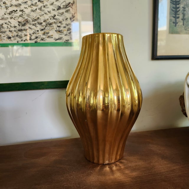 Jonathan Adler Jonathan Adler Gold Belly Ribbed Pottery Vase For Sale - Image 4 of 6