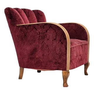Danish Armchair in Cherry-Red Furniture Velour, 1960s For Sale