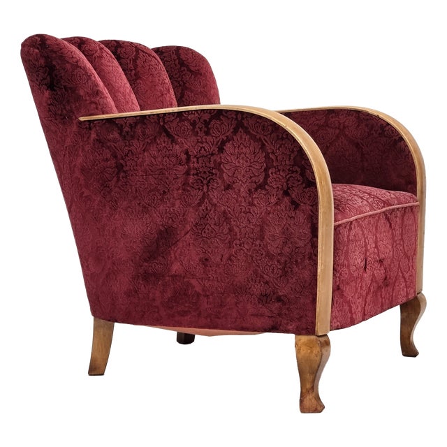 Danish Armchair in Cherry-Red Furniture Velour, 1960s For Sale