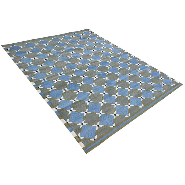 Textile Handwoven Cotton Area Rug, Grey, Sky Blue, Green and Cream Geometric Dhurrie - 10'x14' For Sale - Image 7 of 13
