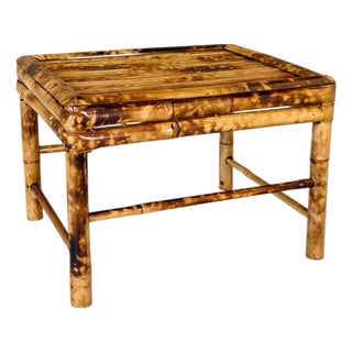 Vintage British Colonial Coastal Scorched Bamboo Stool or Decorative Accent Table For Sale