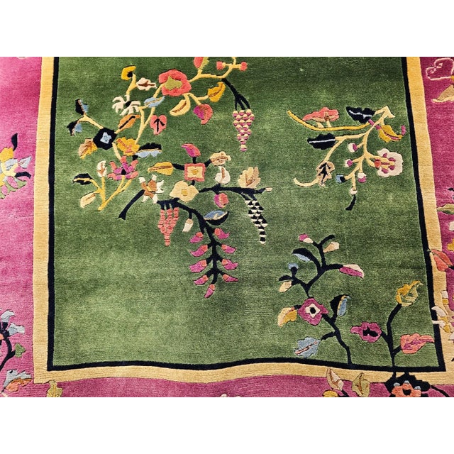 Textile Vintage Chinese Art Deco Area Rug, Floral Design, Sage Green & Purple For Sale - Image 7 of 12