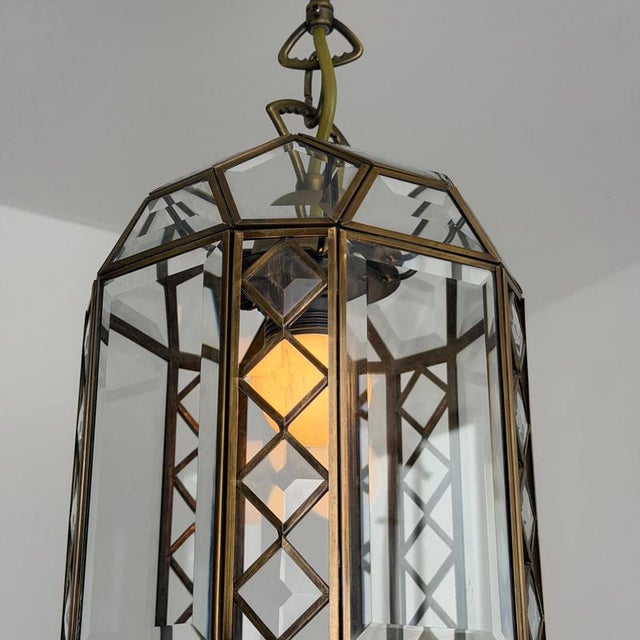 Art Deco Italian Revival Brass and Beveled Glass Lantern, 1970s For Sale - Image 6 of 18