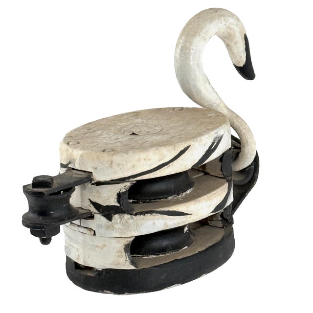 Vintage 1950s Folk Art Swan Painted Black & White Industrial Starline Wood Pulley For Sale In Philadelphia - Image 6 of 11