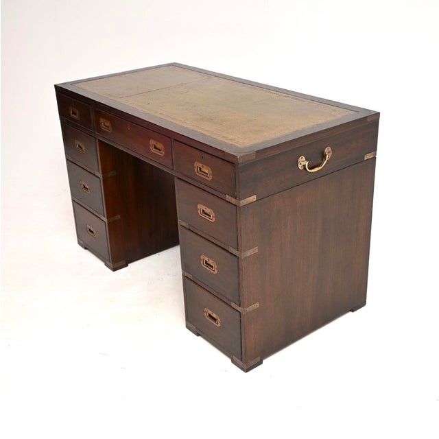 Military Campaign Leather Top Pedestal Desk, 1930 For Sale - Image 3 of 10