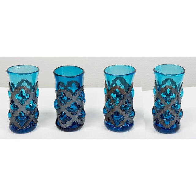 Vintage Brutalist Mid-Century Modern tasting glasses by Felipe Derflingher in varied vibrant blues. Set of (4) four. Each...
