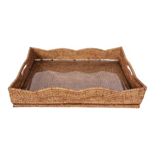 Artifacts Rattan Scallop Rectangular Tray with Glass Insert in Brown For Sale
